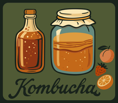 Kombucha tea retro vector poster with vintage lettering.のイラスト素材