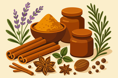 Assortment of spices and herbs, including cinnamon sticks, fragrant lavender, rosemary, turmeric, nuts and brown wooden jars for spices on light beige background. Vector still life illustration.のイラスト素材