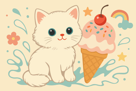 Kitten and icecream. Milky splashes and colorful icecream accompanied by white cute fluffy cat and sift childlike elements. Vintage vector poster.のイラスト素材