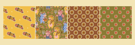 Vector collection of rural  patterns. Flowers, apples, cows. Cute cartoon style.