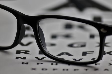 glasses placed on a sheet with letters to be able to adjust the view