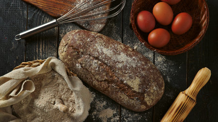 Homemade bread with ingredients on a black background table
