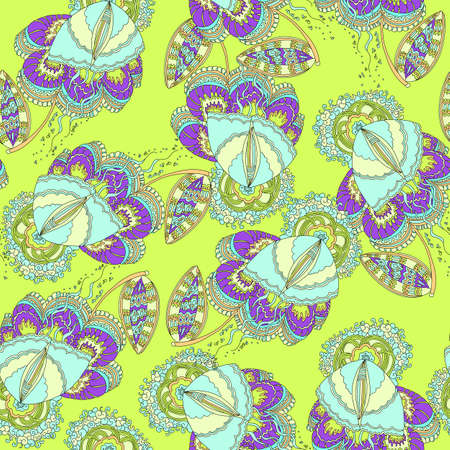 Seamless floral and butterfly abstract pattern background. Doodle hand drawn pattern. Retro  illustration. Asian style.のイラスト素材