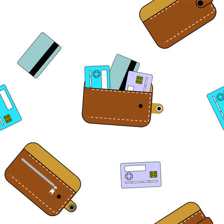 seamless vector pattern of wallets. simple geometric design. Color image of wallets made of genuine...