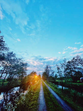 Sunrise in dutch countryside. Polder. Marsh. Peaceful road.の写真素材