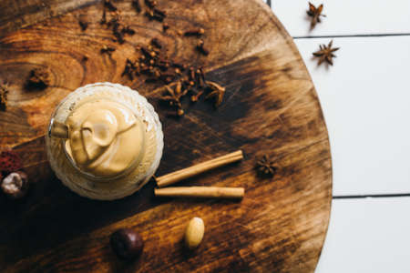 Homemade Dalgona coffee in a mason jar.の写真素材