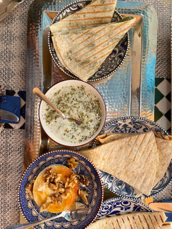 Topview of a table with tapas like food. Moroccan style food. Portugese food.の写真素材