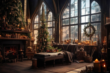 Hyper realistic AI of an bohemian eclectic interior with Christmas decorationsの素材