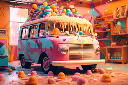 Hyper realistic Ai image of an ice-cream car with cones and neon colours, and aの素材