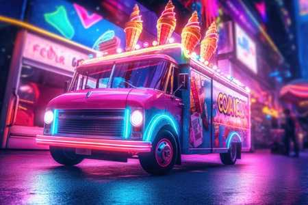Hyper realistic Ai image of an ice-cream car with cones and neon colours, and aの素材
