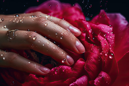 Hyper realistic image of a female hand touching.a pink peony flower.の写真素材