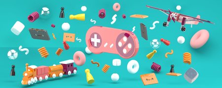 Toy scattered on a green backdrop.-3d render.の写真素材