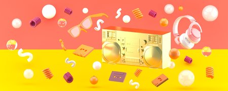 Golden radio and pink headphones on orange and pink backdrop.-3d render.