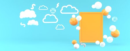 Orange frame and balloon floating on a blue backdrop.-3d render.