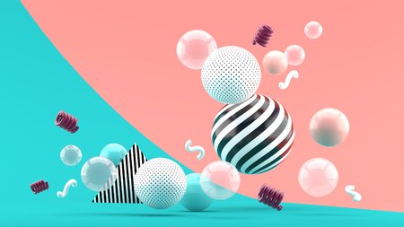 A graphical ball floating on an pink and green backdrop.-3d render.