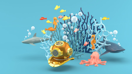 Masked diving under the blue coral, colorful fish, shark, seahorses and octopus on the blue background.-3d render.の写真素材