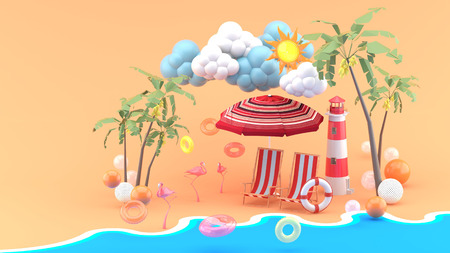 Deck chairs under the beach umbrella on a sand beach under the sunshine. -3d render.の写真素材