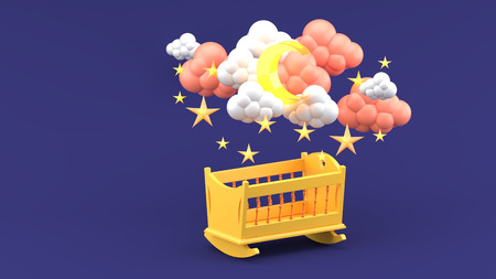 Orange baby cradle Under Clouds, moon and Stars on Purple Background.-3d render.の写真素材