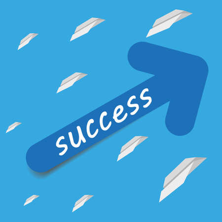 arrow with text success and with paper airplanes on the sky
