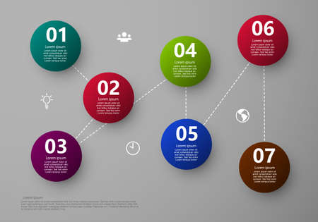 New Vector Infographic Template with 7 points and simple line icons on with shadow on gray backgroundのイラスト素材