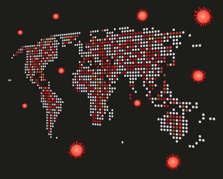 Coronavirus pandemic world map infection measure location Vector on black backgroundのイラスト素材