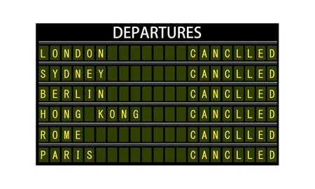 Departure table at the airport. Flights canceled. Vector illustration. Table with five cities.のイラスト素材