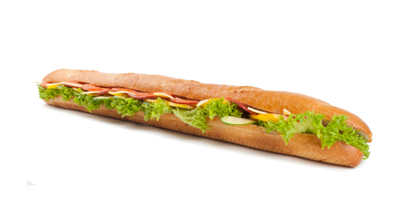 Big fresh baguette sandwich isolated on the white backgroundの写真素材