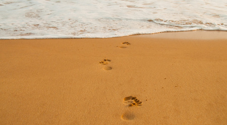 beach, sun, waves and footsteps on the sandの写真素材