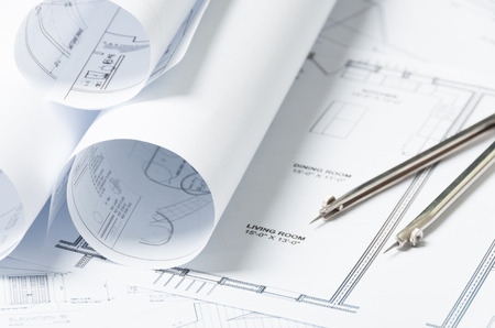 Drawing and architectural instruments on the engineering blue prints