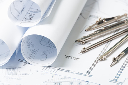 Drawing and architectural instruments on the engineering blue printsの写真素材