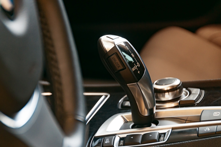 Gearshift detail in a modern car interiorの写真素材