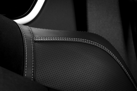 Modern sport car  black leather interior. Part of  leather car seat details.の写真素材