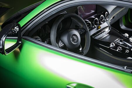 Sankt-Petersburg, Russia, January 12, 2018 : Green Mercedes-Benz coupe GT-R 63 AMG Affalterbach, luxury race car interior.のeditorial素材