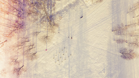 Aerial view of snow covered park. Vibrant evergreen trees and foot prints in the snow seen from...