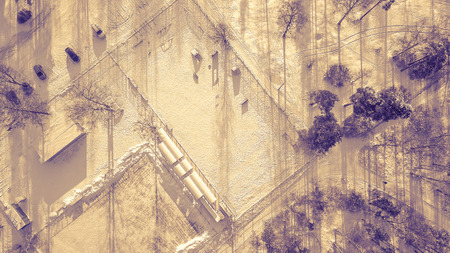 Aerial view of snow covered park. Vibrant evergreen trees and foot prints in the snow seen from...