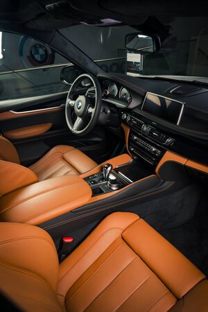 Sankt-Petersburg, Russia, January 30, 2017 : BMW X6M car interior showing red leather cockpit, test drive on January 30, 2017  in Russia, Sankt-Petersburgのeditorial素材