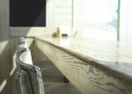 Selected focus empty old rustic wooden table and bar chairs in street food coffee shop or restaurant...