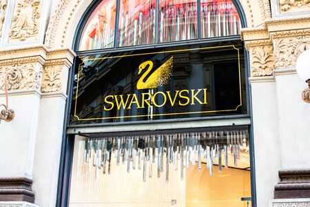 Milan, Italy, 20 December 2018: Swarovski store in Milan. Montenapoleone area. Fashion week Swarovski shopping.のeditorial素材