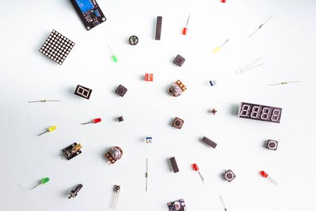 Micro electronics arduino DIY components on a light background, top view, copy space....