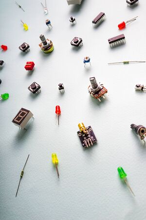 Micro electronics arduino DIY components on a light background, top view, copy space....