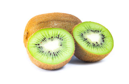 Isolated kiwi. One kiwi fruit cut in halves isolated on white backgroundの写真素材