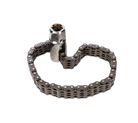 Chain wrench isolated over white background. Chain wrench used to remove and install oil filter. Car maintenance concept.の写真素材