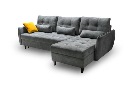 Modern scandinavian sofa with yellow pillow isolated over white backgroundの写真素材
