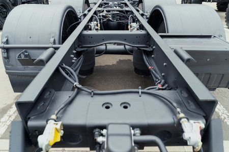 Underneath View of a Semi Truck or Trailer Rear Axle with the Suspension, Brake Cylinder Pod pneumatic system Close up View. Mud truck chassis frame suspension with wheel and arms with silent blocksの写真素材