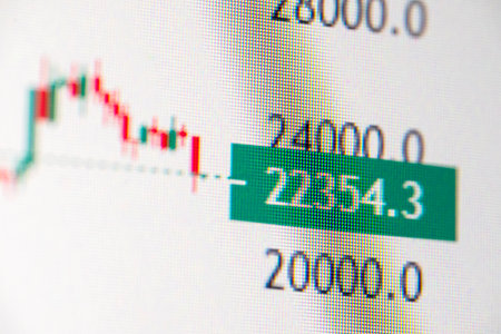 Stock exchange online trading platform chart candlesticks bars, tickers digital data on crypto...