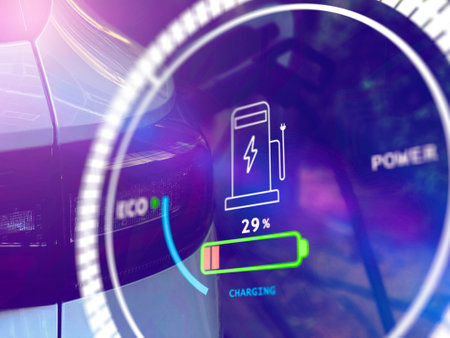 Electric Car EV battery charging ui display charging station charging in car port, efficient sustainable eco environmentally friend power energy fueling industry of eclectic vehicle car transportationの写真素材