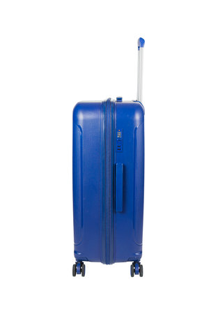 Blue Plastic Trolley Travel Case with Metal Handle isolated on white backgroundの写真素材