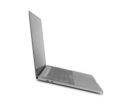 Photo of realistic modern laptop open with white screen isolated on white backgroundの写真素材