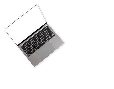 Photo of realistic modern laptop with blank white screen floating in front of a white backgroundの写真素材