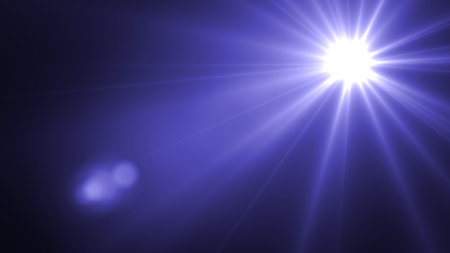 Optical lens flare effect over black background. Top right corner. Overlay light effect, realistic 3d renderの写真素材